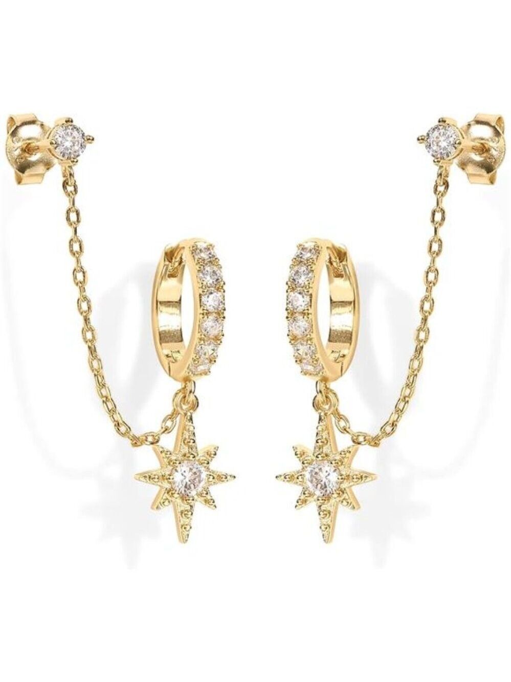 14K Gold Chain Earrings Double Piercing Dangle Hoop CZ Pearl Stud Earrings Women